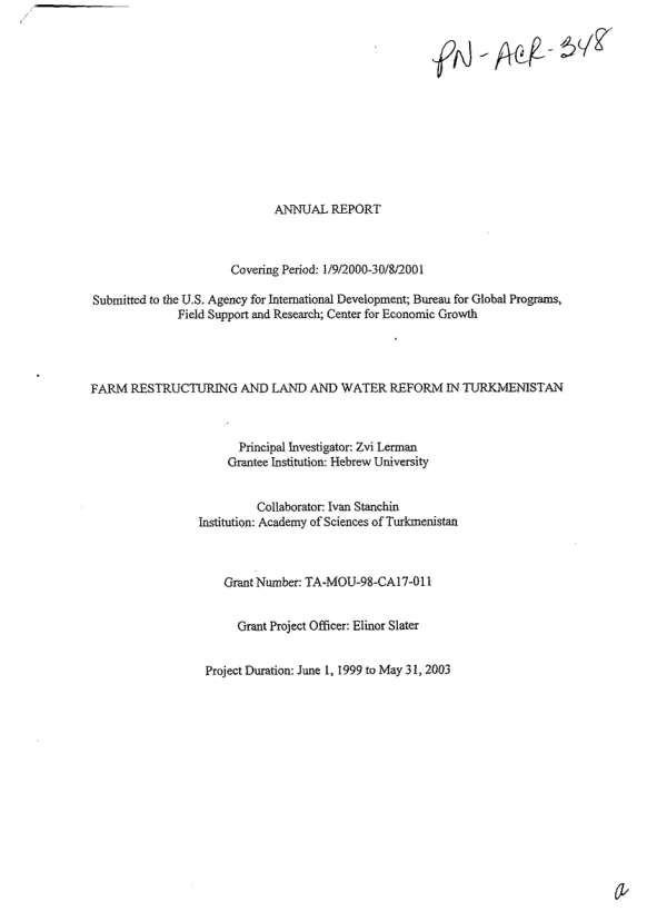 Annual report covering period 1/9/2000-30/9/2001 : farm restructuring and land and water reform in Turkmenistan
