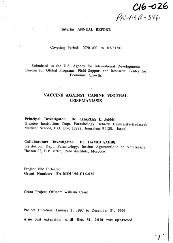 Interim annual report covering period 07/01/00 to 07/31/01 : vaccine against canine visceral leishmaniasis