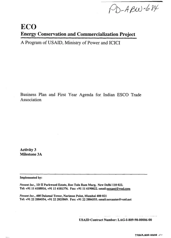 Energy conservation and commercialization project : business plan and first year agenda for Indian ESCO [energy service company] trade association