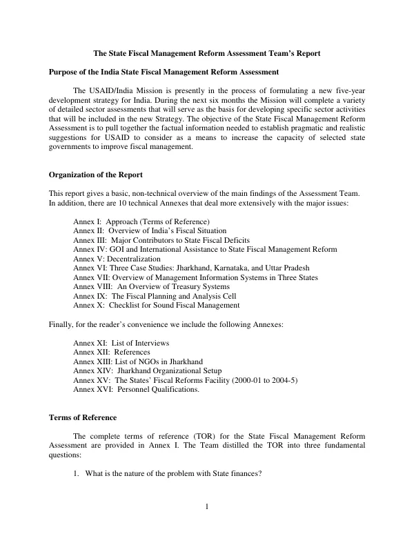 State fiscal management reform assessment team"s report