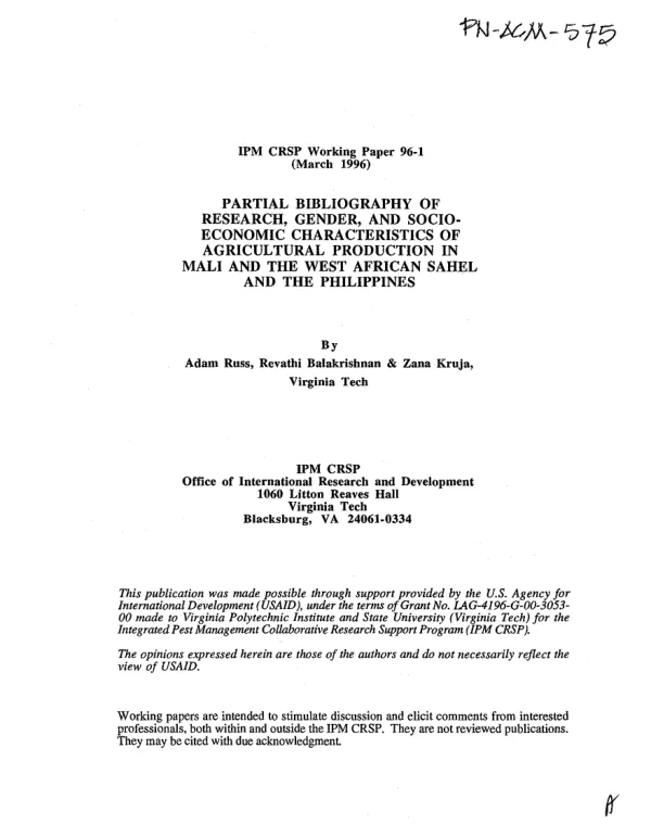 Partial bibliography of research, gender, and socio-economic characteristics of agricultural production in Mali and the West African Sahel and the Philippines