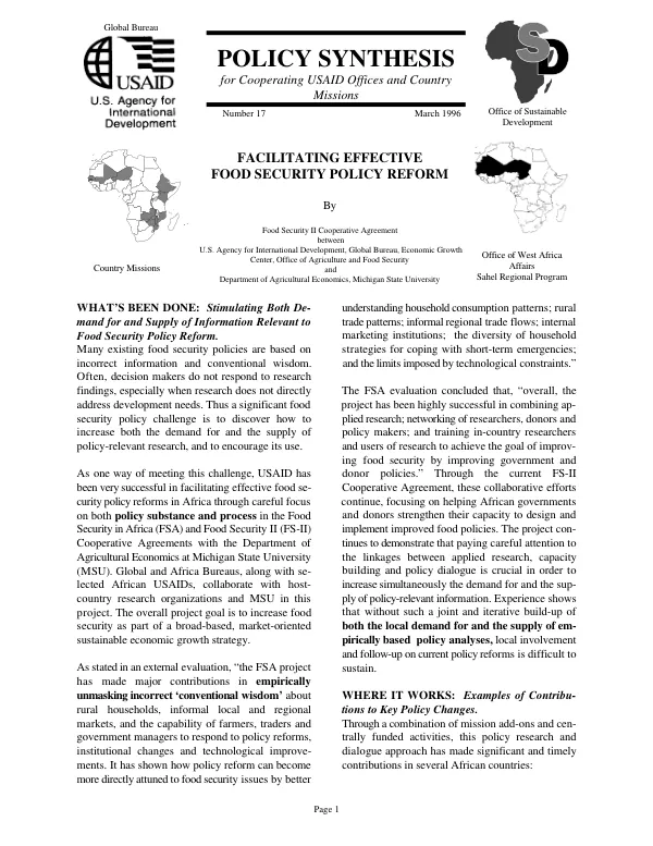 Facilitating effective food security policy reform