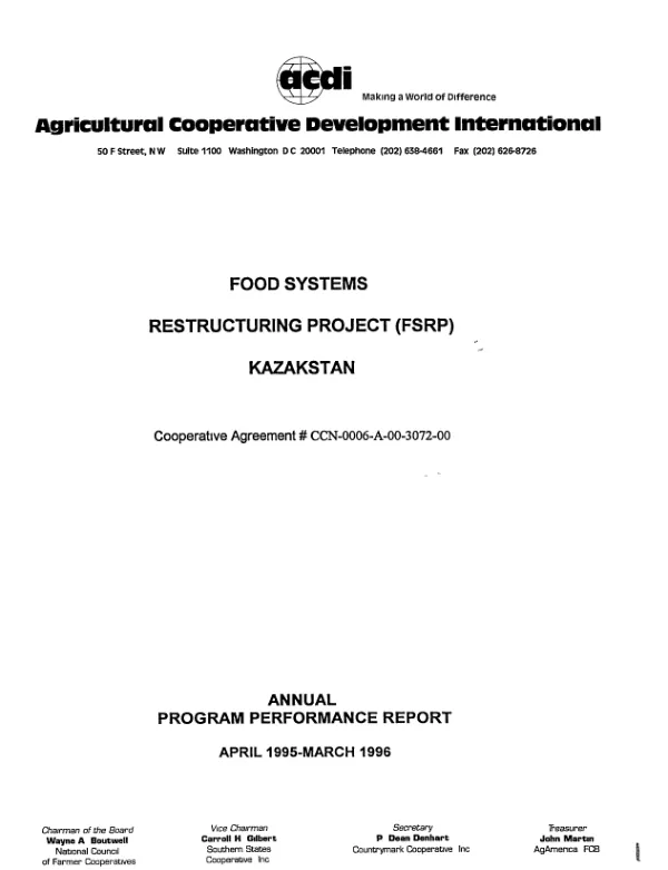 Food systems restructuring project (FSRP) : Kazakstan -- cooperative agreement # CCN-0006-A-00-3072-00 : annual program performance report, April 1995-March 1996
