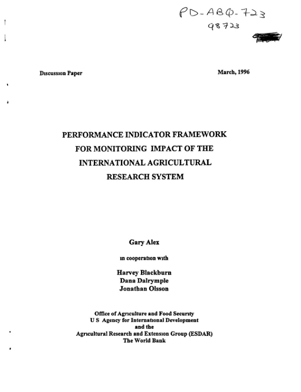 Discussion paper : performance indicator framework for monitoring impact of the international agricultural research system