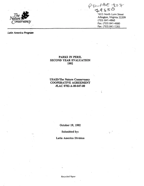 Parks in peril [PiP] : second year evaluation, 1992 -- USAID/The Nature Conservancy cooperative agreement no. LAC-0782-A-00-0047-00