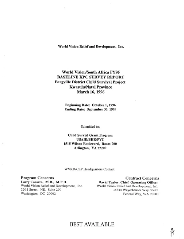 World Vision/South Africa FY 96 baseline KPC [knowledge, practice and coverage] survey report -- Bergville District child survival project, Kwazulu/Natal Province