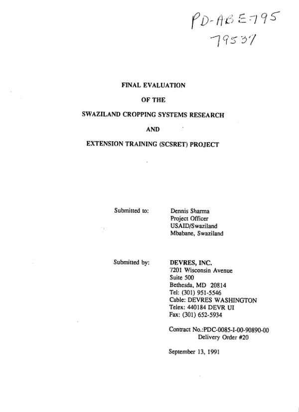 Final evaluation of the Swaziland cropping systems research and extension training (SCSRET) project