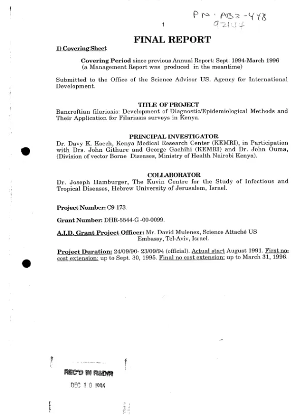 Final report : bancroftian filariasis -- development of diagnostic/epidemiological methods and their application for filariasis surveys in Kenya