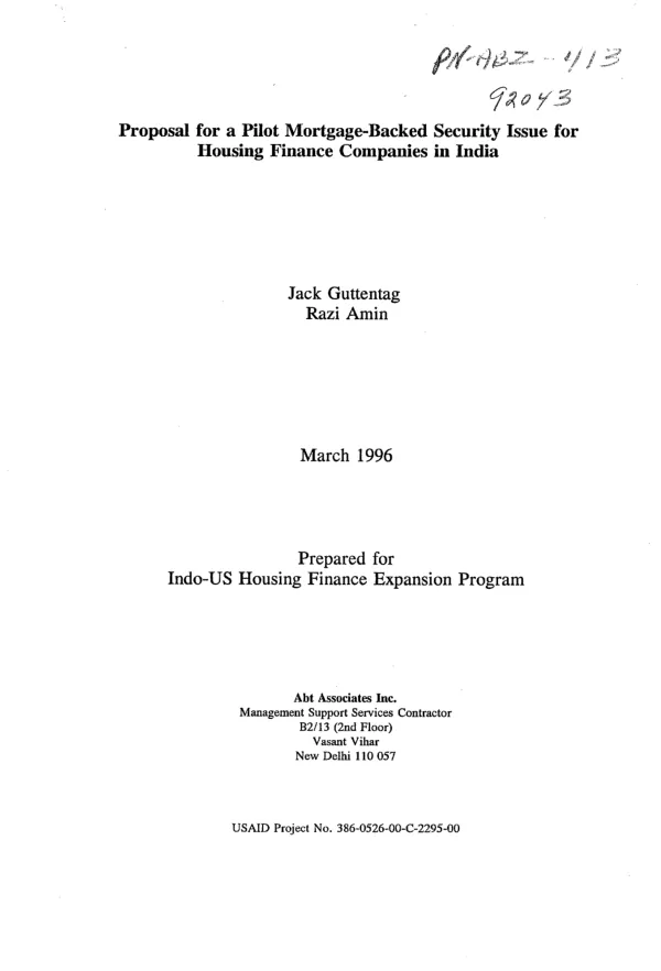 Proposal for a pilot mortgage - backed security issue for housing finance companies in India