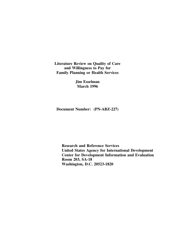 Literature review on quality of care and willingness to pay [WTP] for family planning or health services