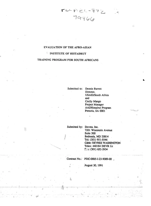 Evaluation of the Afro-Asian Institute of Histadrut : training program for South Africans