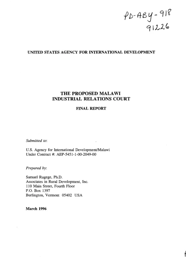 Proposed Malawi industrial relations court : final report