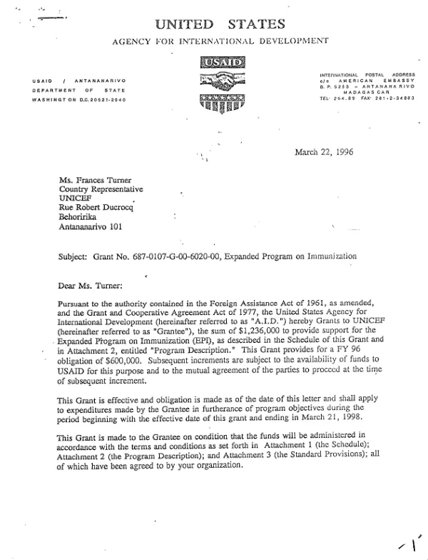 USAID grant no. 687-0107-G-00-6020-00 to UNICEF to support the expanded program on immunization in Madagascar
