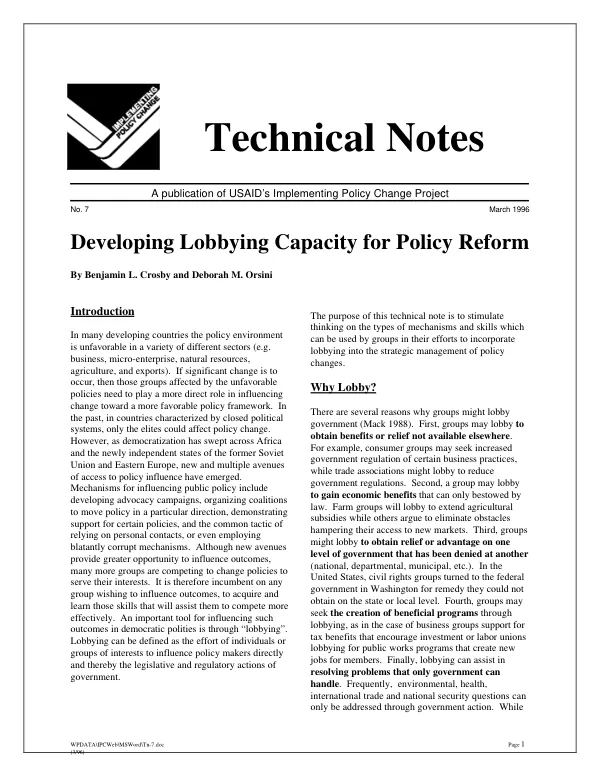 Developing lobbying capacity for policy reform