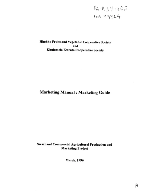 Hhohho Fruits [Fruit] and Vegetable Cooperative Society and Khulumela Kwenta Cooperative Society -- marketing manual : marketing guide
