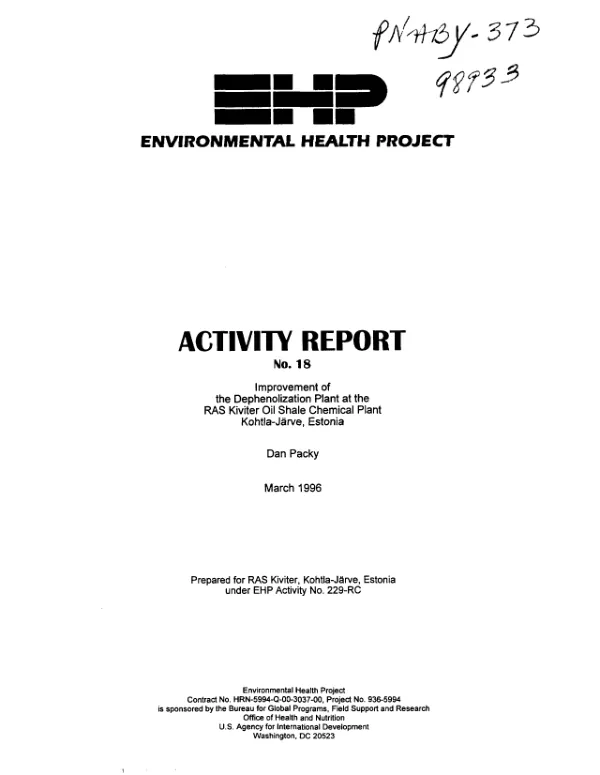 Improvement of the dephenolization plant at the RAS Kiviter Oil Shale Chemical Plant, Kohtla-Jarve, Estonia
