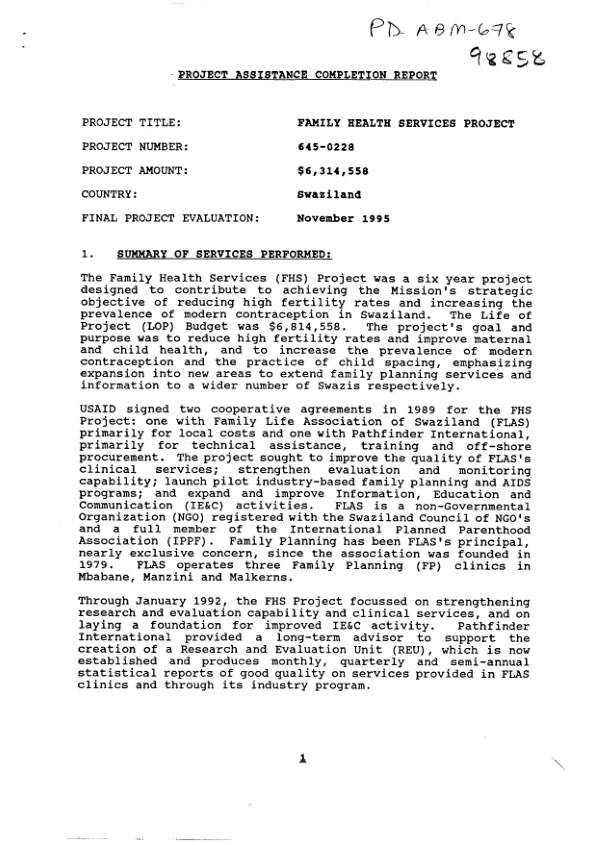 Project assistance completion report : family health services project
