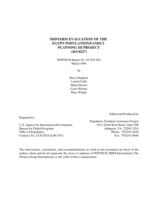 Midterm evaluation of the Egypt population/family planning III project (263-0227)