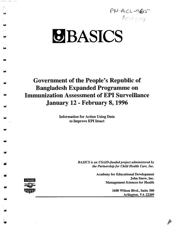 Government of the People"s Republic of Bangladesh expanded programme on immunization assessment of EPI surveillance, January 12-February 8, 1996 : information for action using data to improve EPI imoact