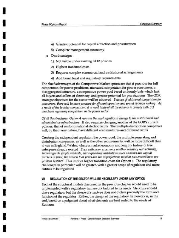 Romania : study of options for the long term structure of the power sector -- phase 1 options report : executive summary