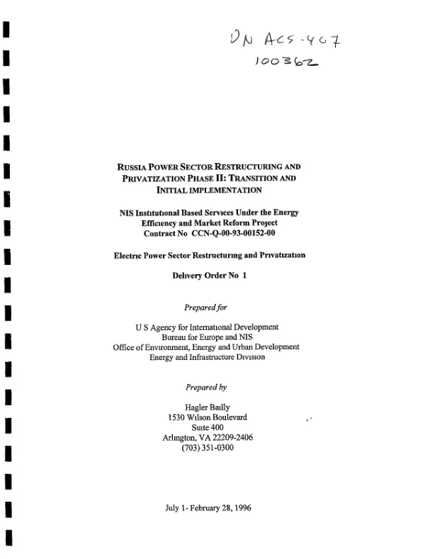 Russia power sector restructuring and privatization phase II : transition and initial implementation