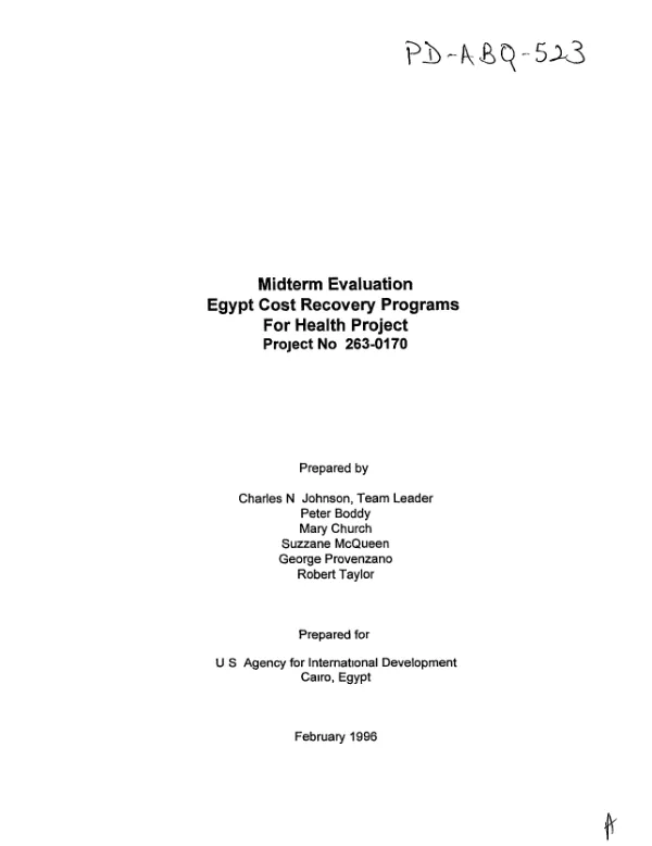 Midterm evaluation : Egypt cost recovery programs for health project -- project no. 263-0170