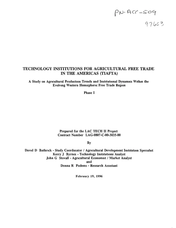 Technology institutions for agricultural free trade in the Americas (TIAFTA) : a study on agricultural production trends and institutional dynamics within the evolving western hemispheric free trade region, phase I