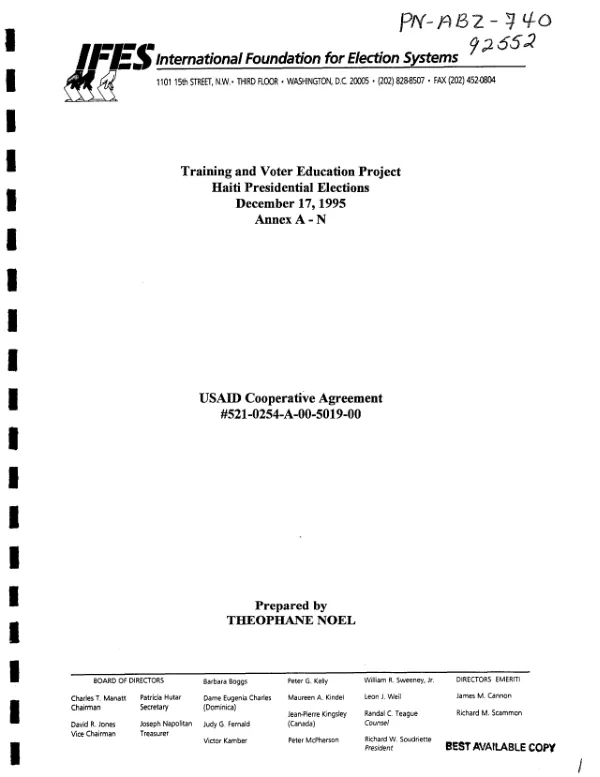 Training and voter education project : Haiti presidential elections December 17, 1995 -- [Annexes A-Y]