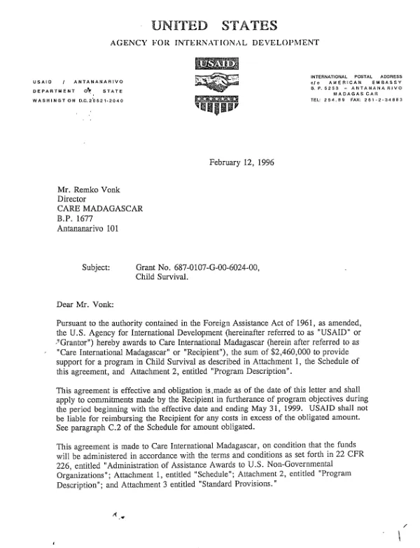 USAID grant no. 687-0107-G-00-6024-00 to CARE Madagascar in support of child survival