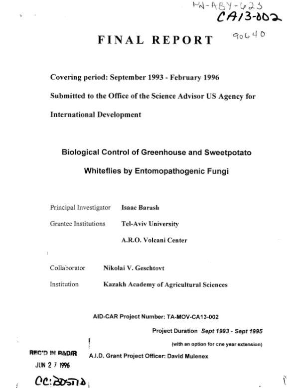 Final report covering period September 1993-February 1996 : biological control of greenhouse and sweetpotato whiteflies by entomopathogenic fungi