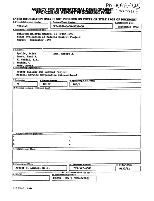 Pakistan malaria control II (1982-1992) : final evaluation of malaria control project, August - September 1992