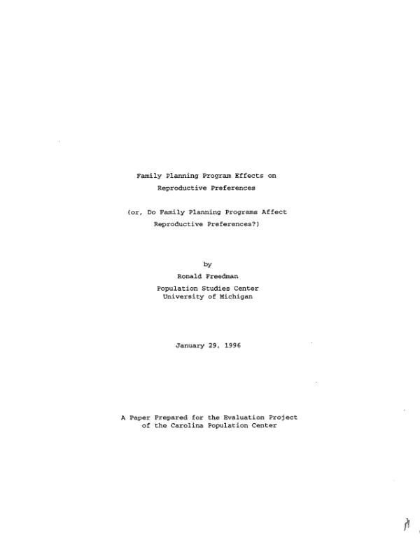 Family planning program effects on reproductive preferences (or, do family planning preferences affect reproductive preferences?) : a paper prepared for the evaluation project of the Carolina Population Center