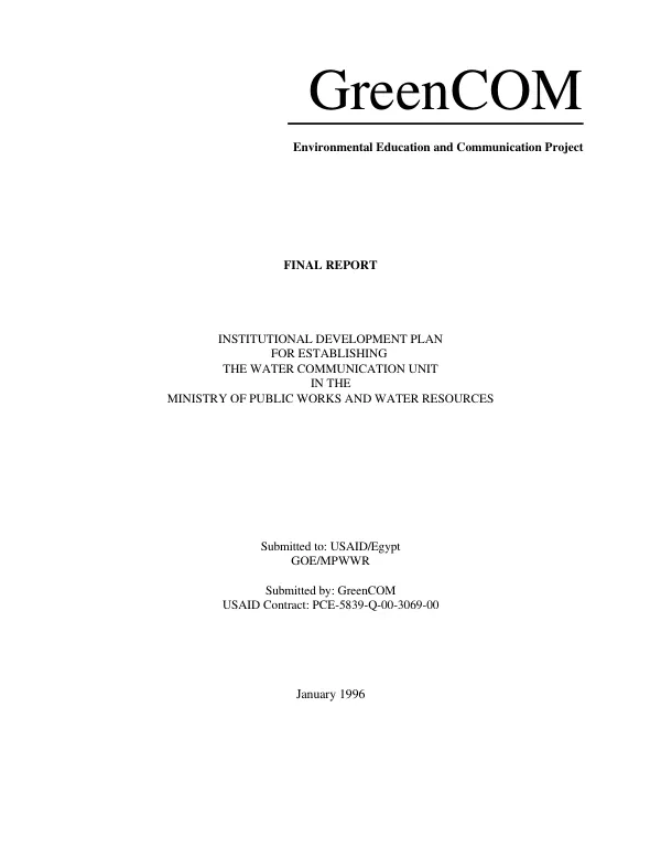 Final report : institutional development plan for establishing the Water Communication Unit in the Ministry of Public Works and Water Resources