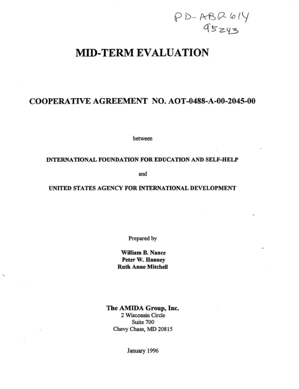 Mid-term evaluation : cooperative agreement no. AOT-0488-A-00-2045-00 between International Foundation for Education and Self-Help and United States Agency for International Development