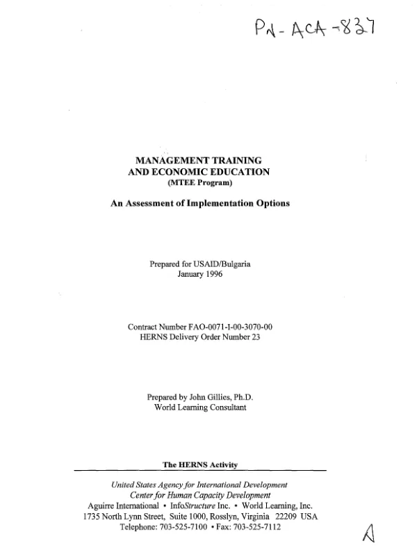 Management training and economic education (MTEE program) : an assessment of implementation options