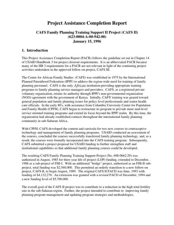 Project assistance completion report : CAFS family planning and training support II project (CAFS II)