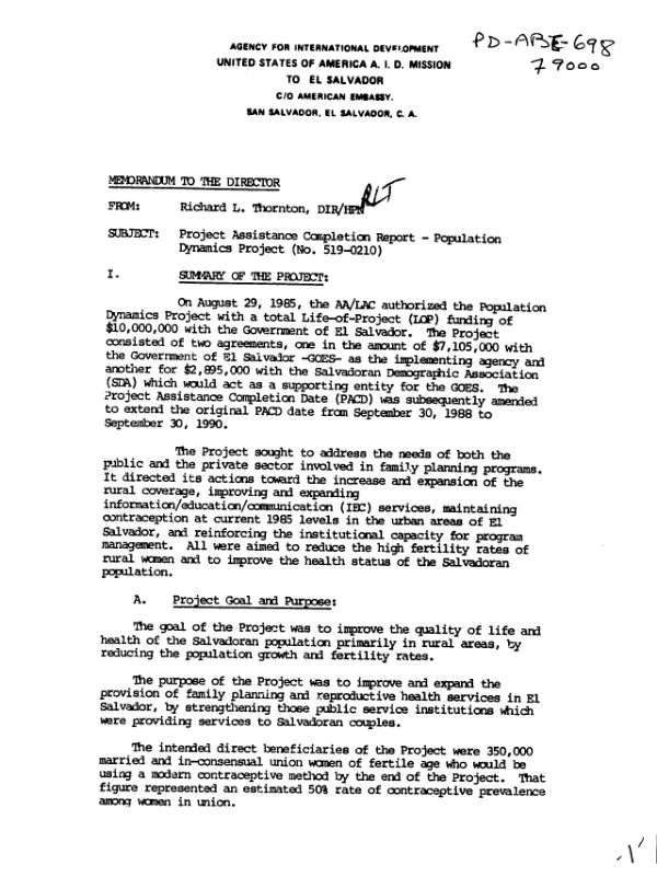 Project assistance completion report : population dynamics project (no. 519-0210)