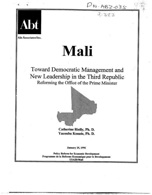Mali : toward democratic management and new leadership in the Third Republic -- reforming the Office of the Prime Minister