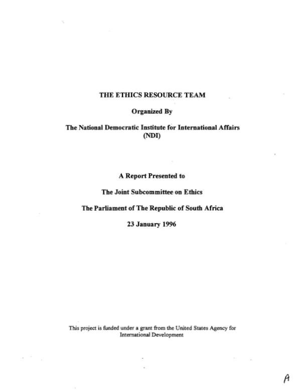 Ethics resource team : a report presented to the Joint Subcommittee on Ethics, Parliament of the Republic of South Africa