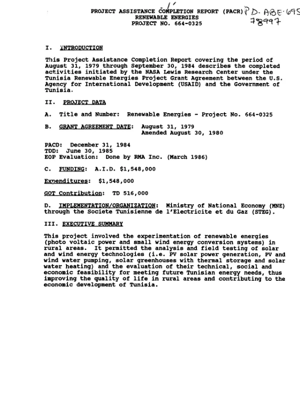 Project assistance completion report (PACR) : renewable energies, project no. 664-0325