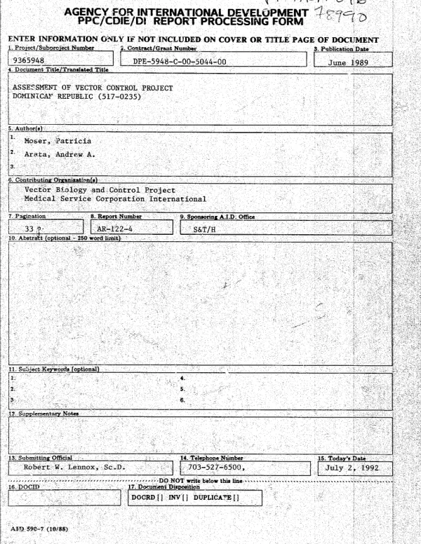 Assessment of vector control project : Dominican Republic (517-0235)