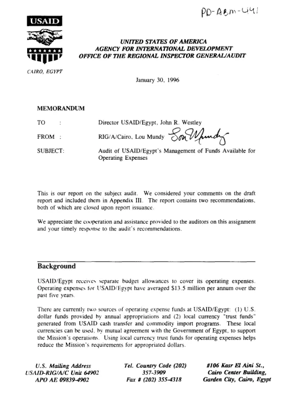 Audit of USAID/Egypt"s management of funds available for operating expenses