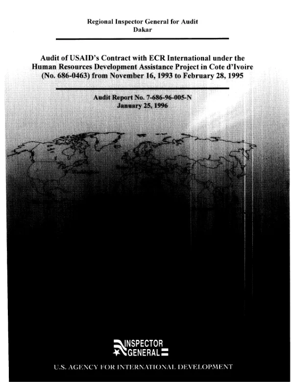 Audit of USAID"s contract with ECR International under the human resources development assistance project in Cote d"Ivoire (no. 686-0463) [i.e. 6980463] from November 16, 1993 to February 28, 1995