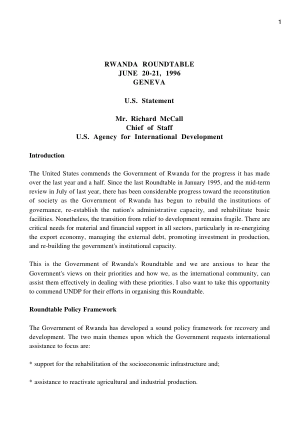 Rwanda roundtable, June 20-21, 1996, Geneva[, Switzerland] : U.S. statement