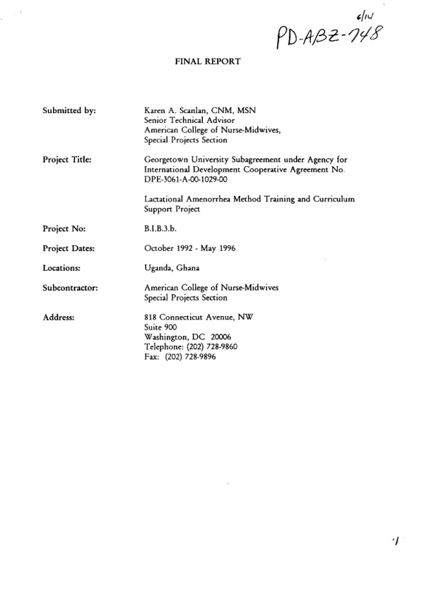 Final report : lactational amenorrhea method training and curriculum support project, October 1992-May 1996