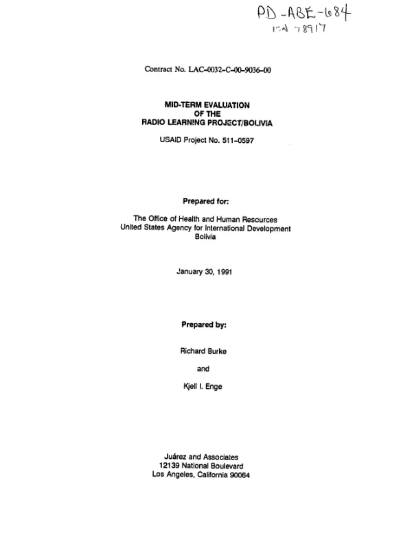 Mid-term evaluation of the radio learning project/Bolivia -- USAID project no. 511-0597