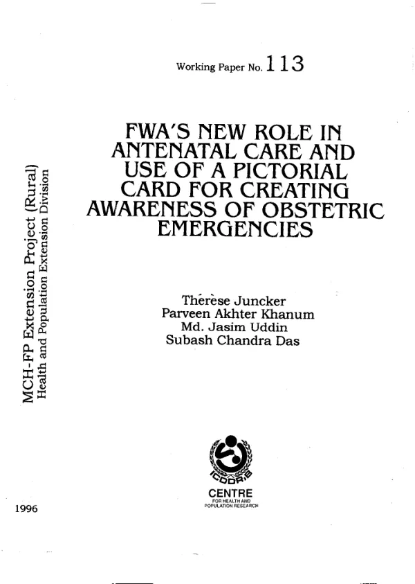FWA"s [field workers"] new role in antenatal care and use of a pictorial card for creating awareness of obstetric emergencies