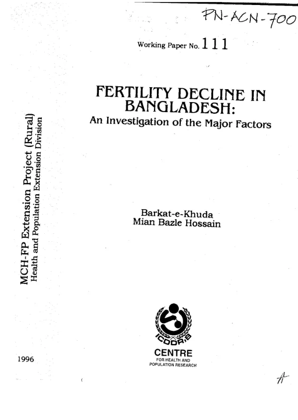 Fertility decline in Bangladesh : an investigation of the major factors