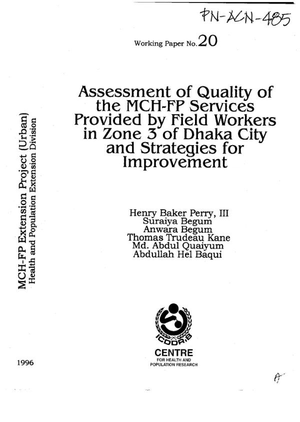 Assessment of quality of the MCH-FP services provided by field workers in Zone 3 of Dhaka City[, Bangladesh] and strategies for improvement