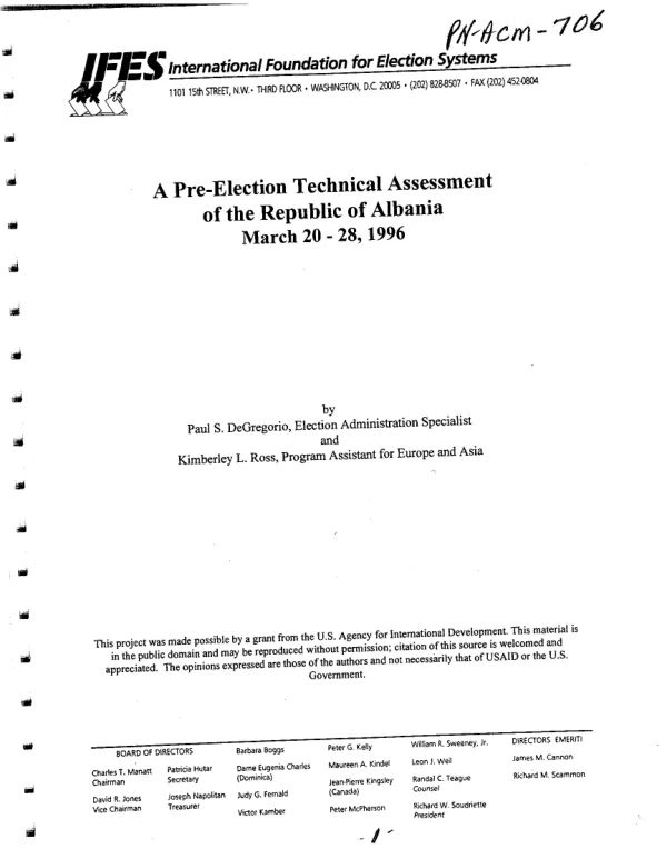 Pre-election technical assessment of the Republic of Albania, March 20-28, 1996